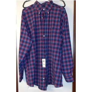 Mens Navy Red Plaid Button Down Long‎ Sleeve Shirt Neck 16 12 Sleeve 34 35